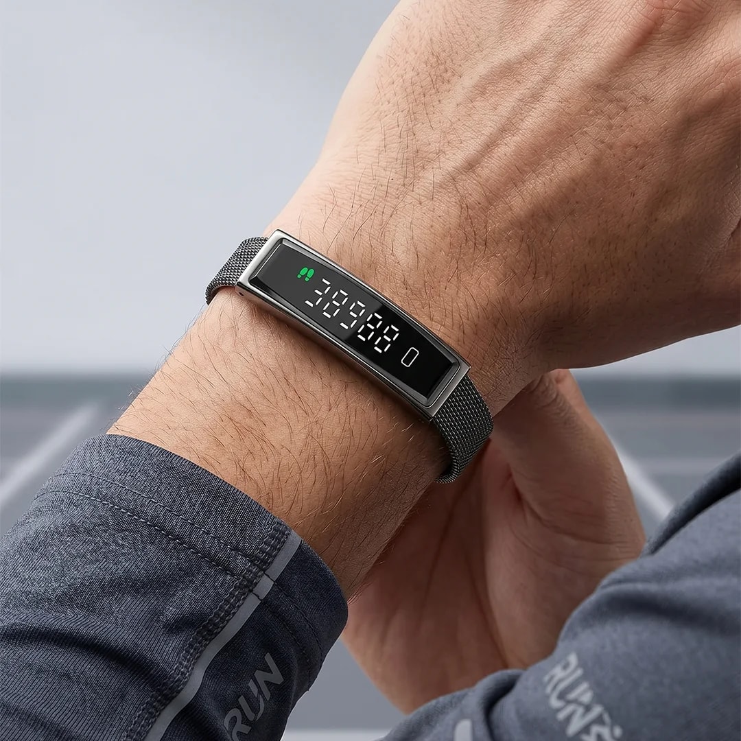 Digital Fitness Tracker Watch with Metal Mesh Band