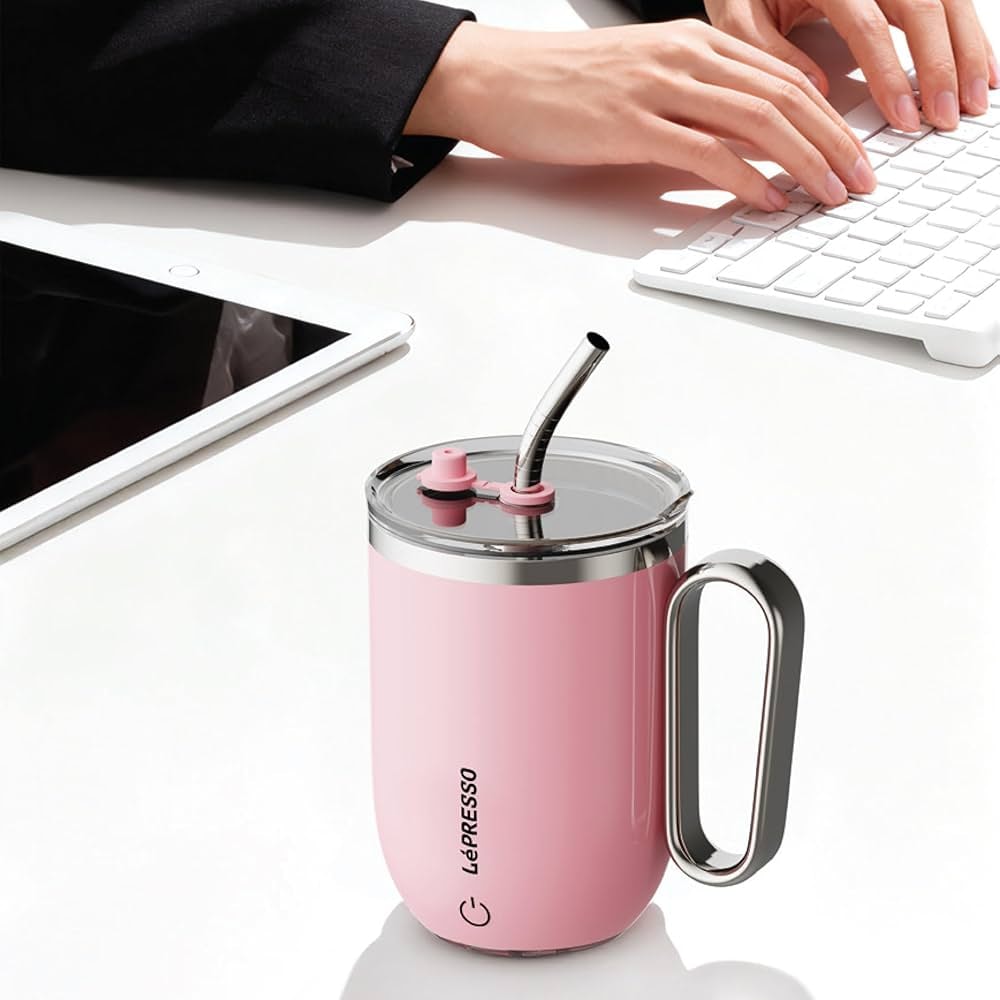 LéPRESSO Pink Insulated Travel Mug with Straw 4