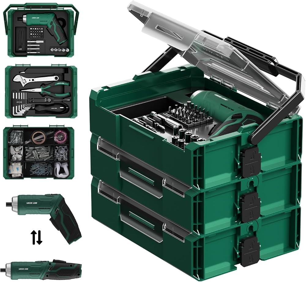Green Lion 3-Tier Cordless Electric Screwdriver & Tool Kit