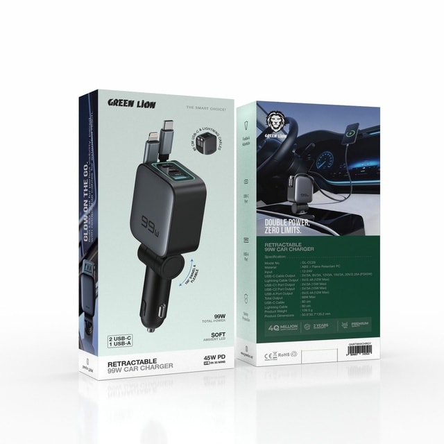 99W Car Charger with USB-C, USB-A, and Lightning Connectors 2