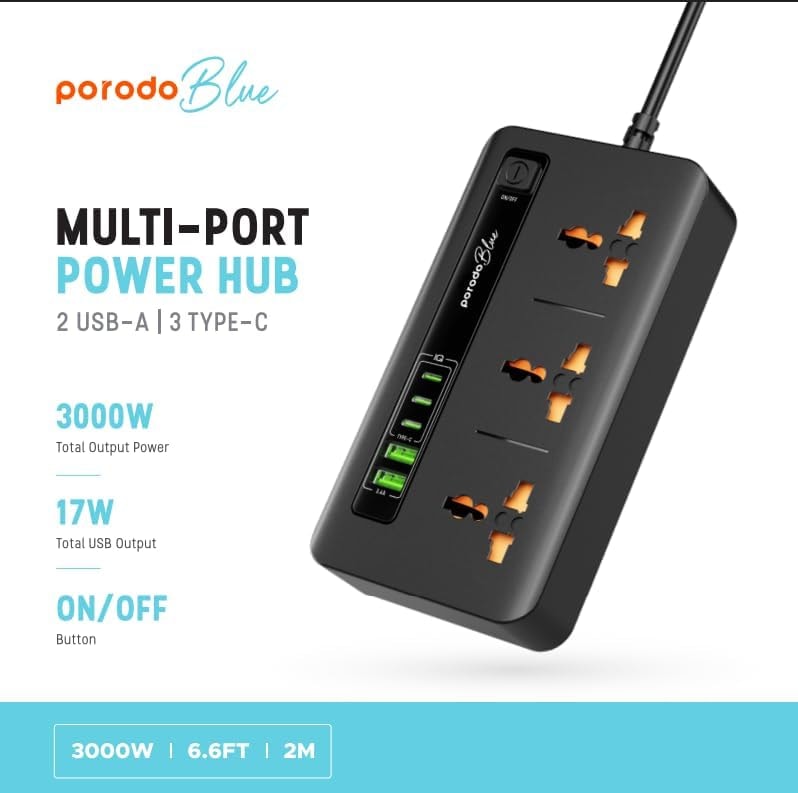 Porodo Blue Power Strip with USB Charging Ports 4