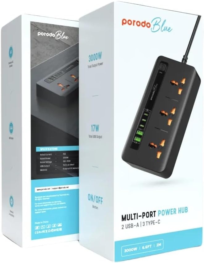 Porodo Blue Power Strip with USB Charging Ports 5