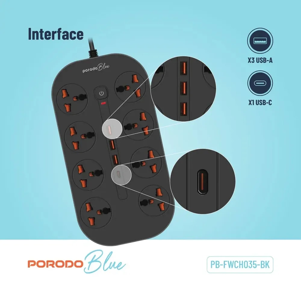 PorodoBlue Multi-Outlet Power Strip with USB Ports 6