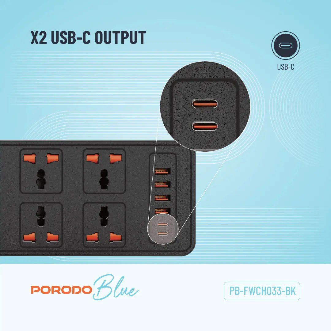 Porodo Blue Power Strip with USB Ports 4