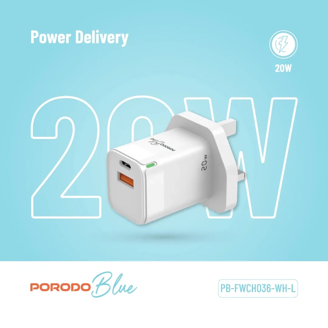 Porodo 20W USB-C & USB-A Wall Charger with USB-C to Lightning Cable 3
