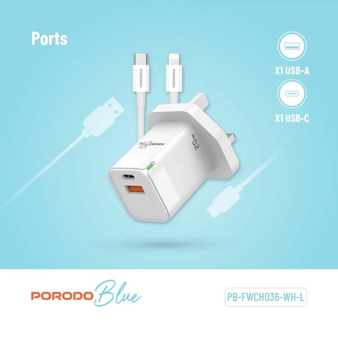Porodo 20W USB-C & USB-A Wall Charger with USB-C to Lightning Cable 4