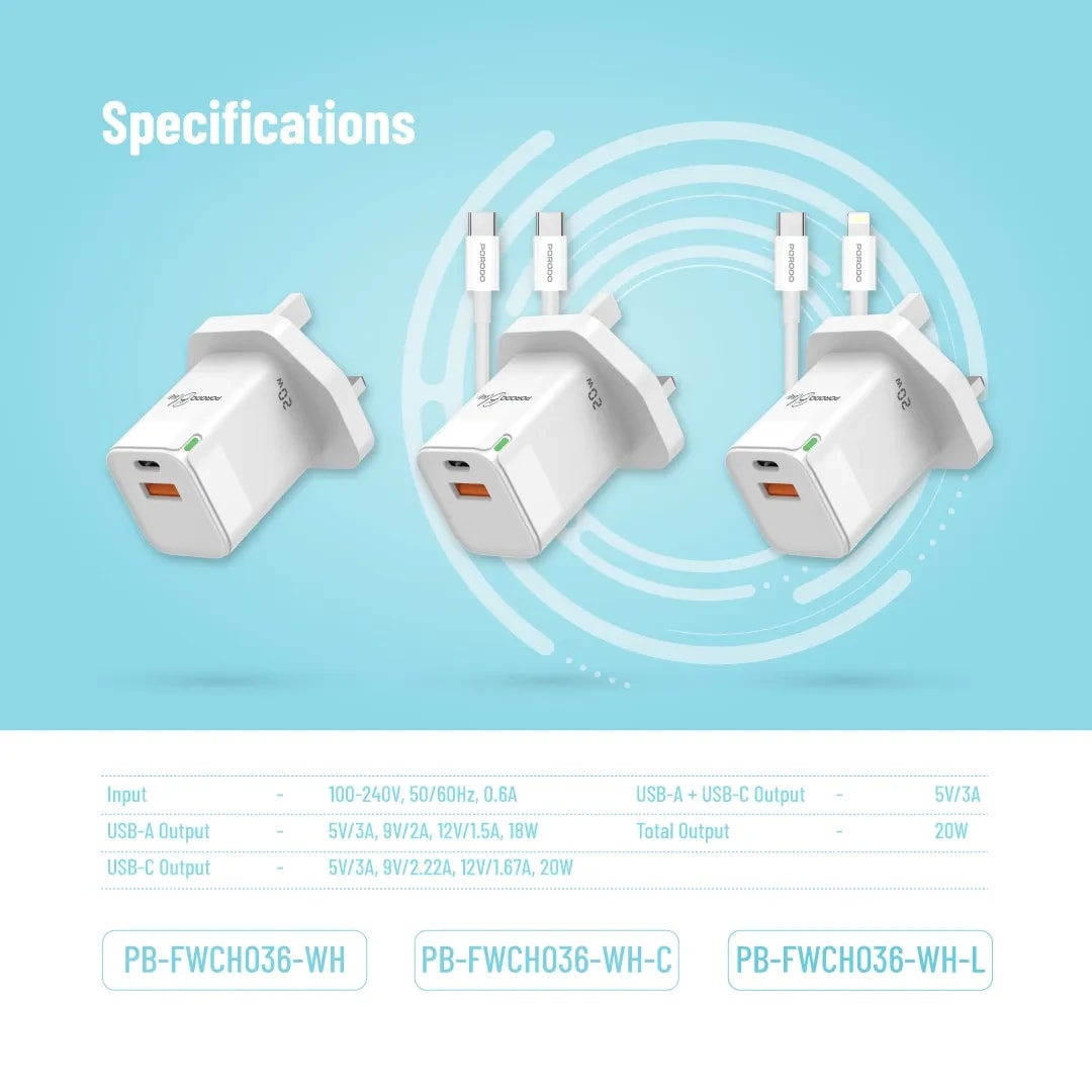 Porodo 20W USB-C Fast Charger with USB-C to USB-C Cable 6