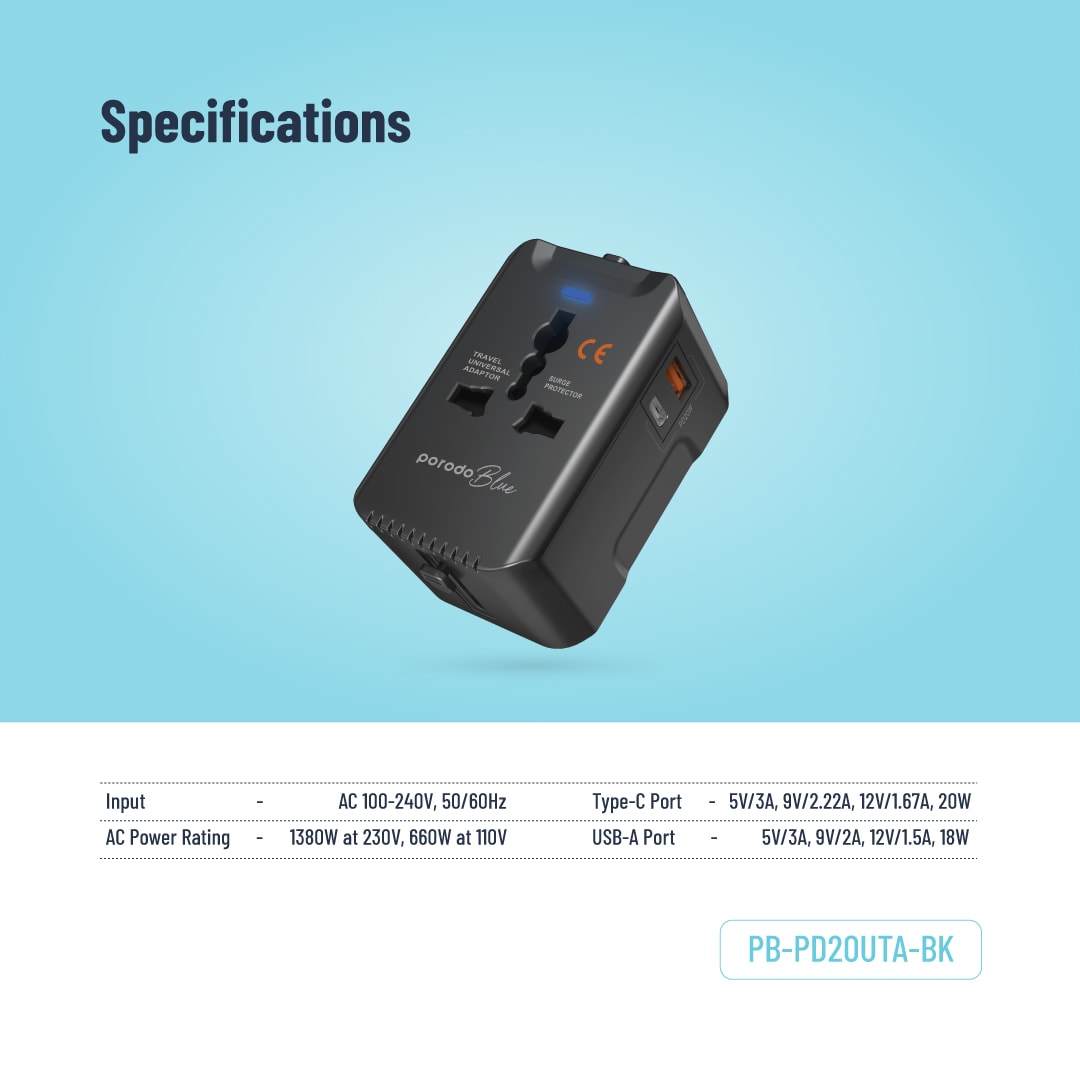 Porodo Blue Travel Universal Adapter with Surge Protector 3