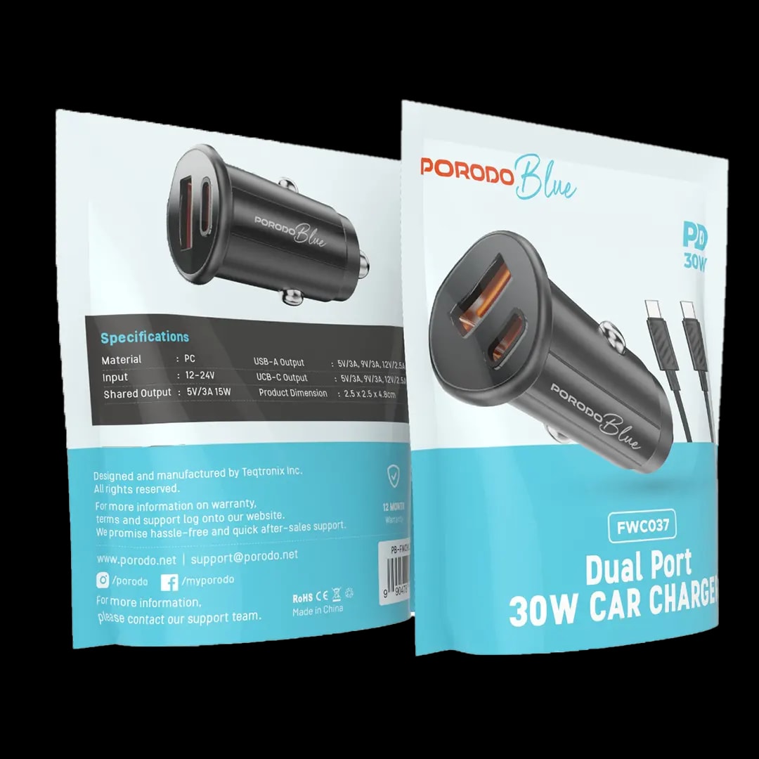 Porodo Blue Dual USB Car Charger 3