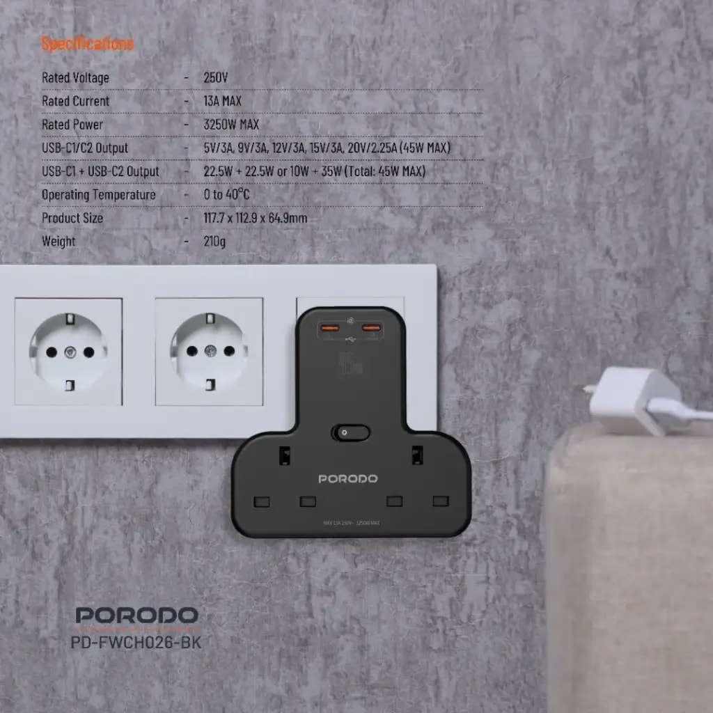 Porodo Multi-Port Wall Socket 5