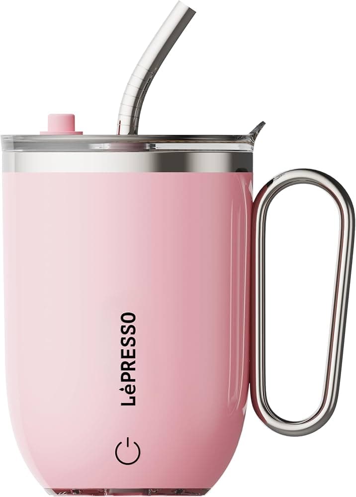 LéPRESSO Pink Insulated Travel Mug with Straw