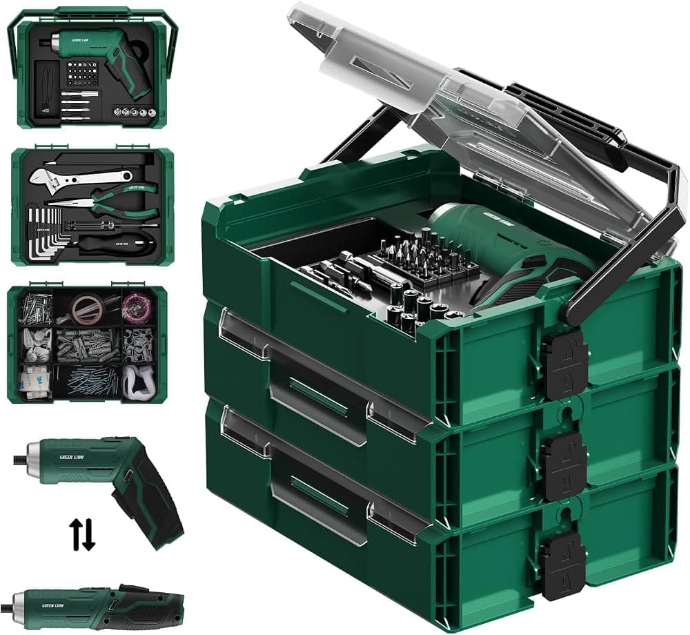 Green Lion 3-Tier Cordless Electric Screwdriver & Tool Kit