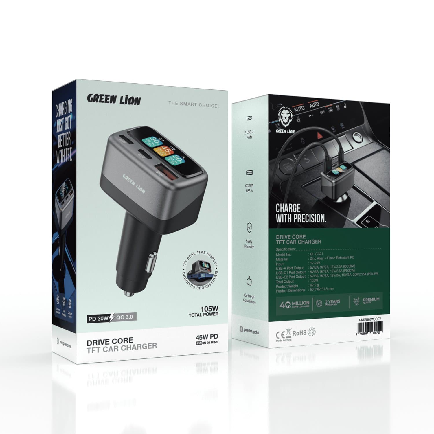 Green Lion 3-Port Car Charger with Power Display