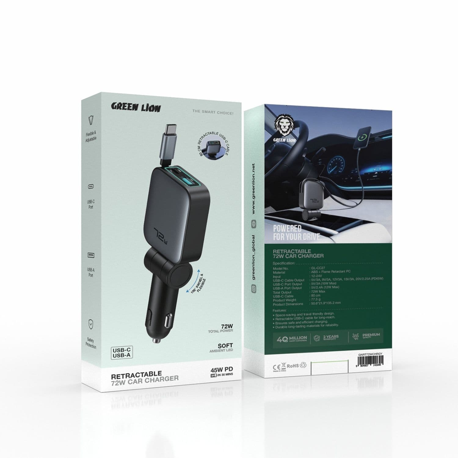 72W USB-C Car Charger with 180° Swivel