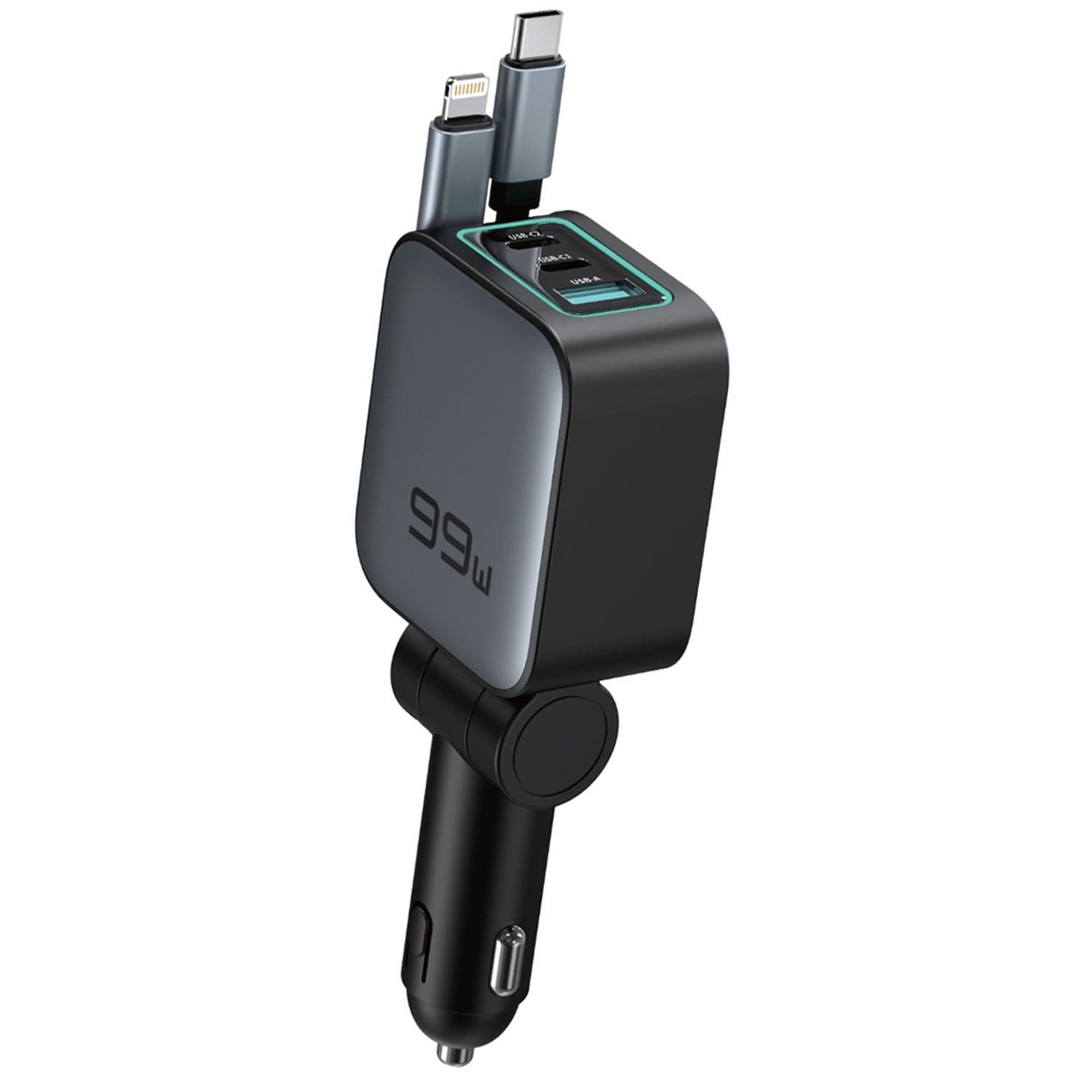 99W Car Charger with USB-C, USB-A, and Lightning Connectors