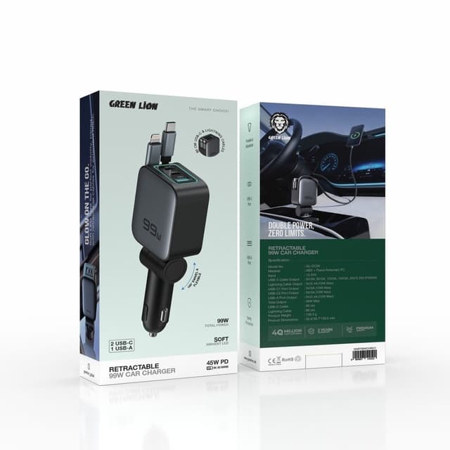 99W Car Charger with USB-C, USB-A, and Lightning Connectors