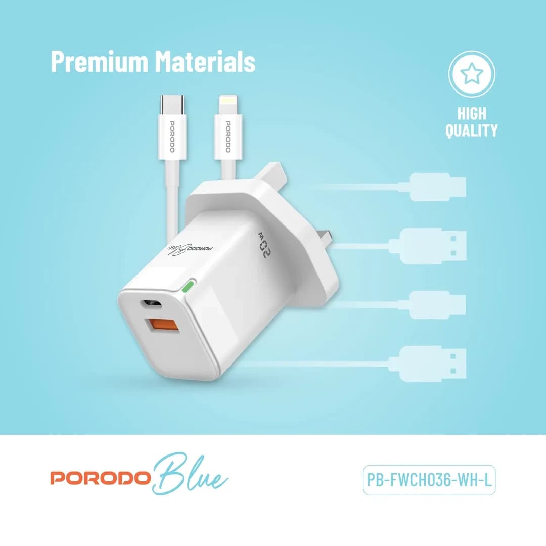 Porodo 20W USB-C & USB-A Wall Charger with USB-C to Lightning Cable