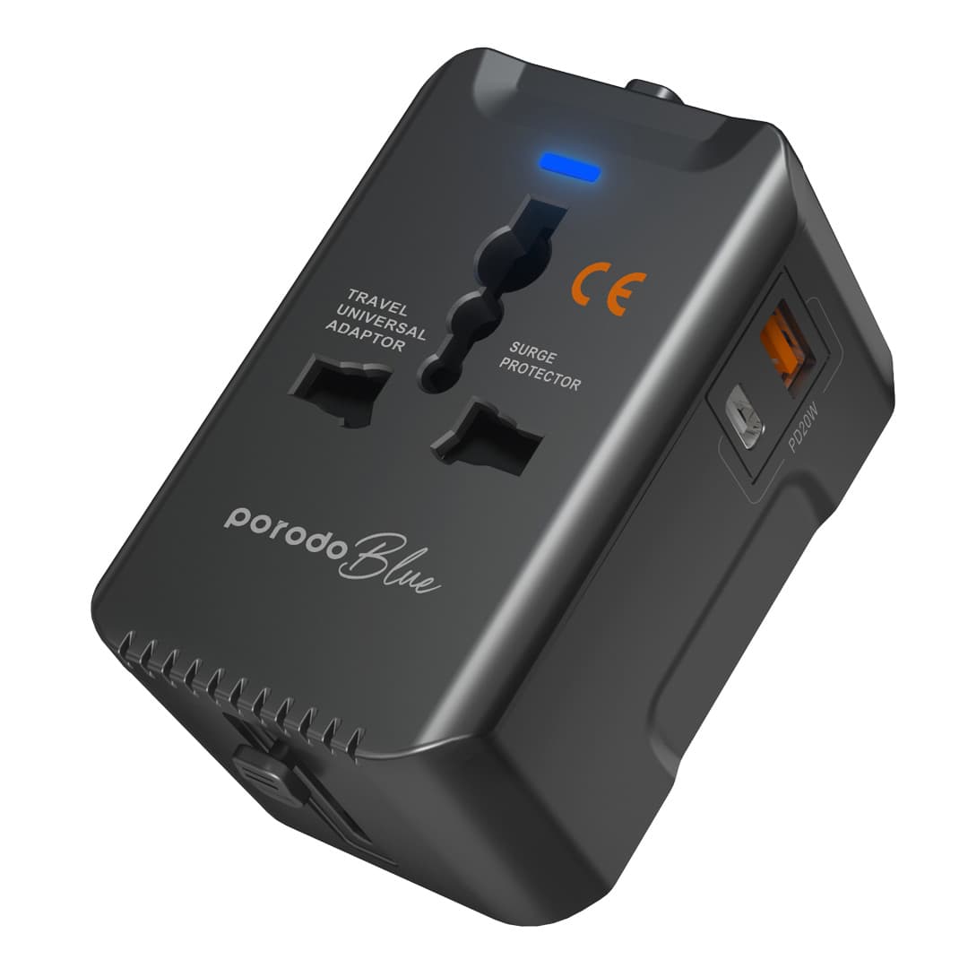 Porodo Blue Travel Universal Adapter with Surge Protector