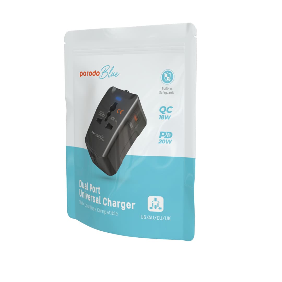 Porodo Blue Travel Universal Adapter with Surge Protector