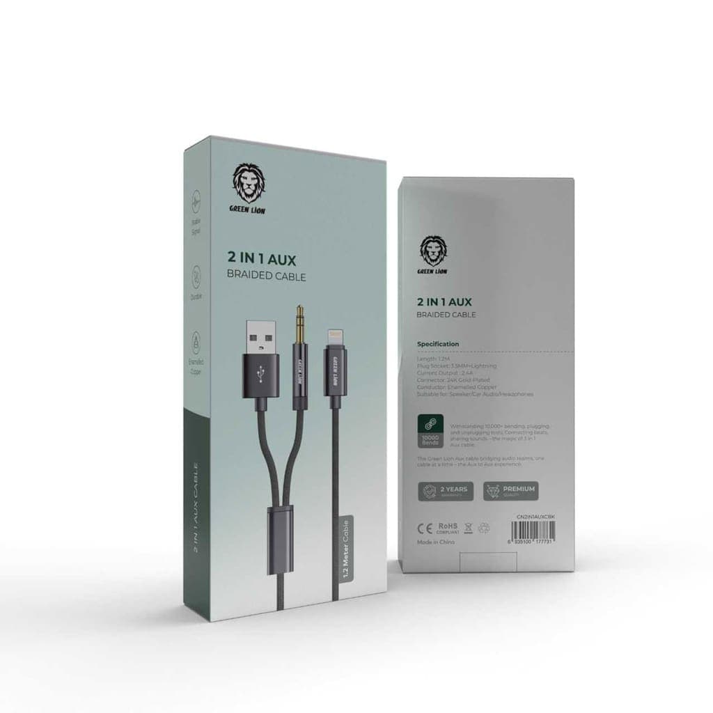 Green Lion 2 In 1 AUX Braided Cable 1.2m