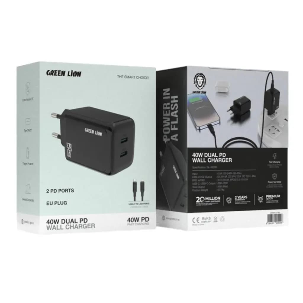 Green Lion 40W Dual PD Wall Charger With USB-C To Lightening Cable 1M EU