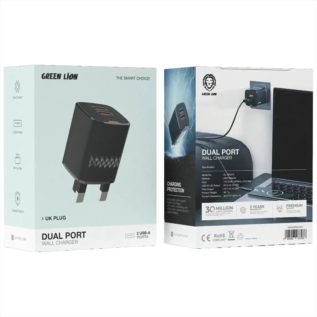 Green Lion Dual Port Wall Charger UK Plug 2 USB-A Port