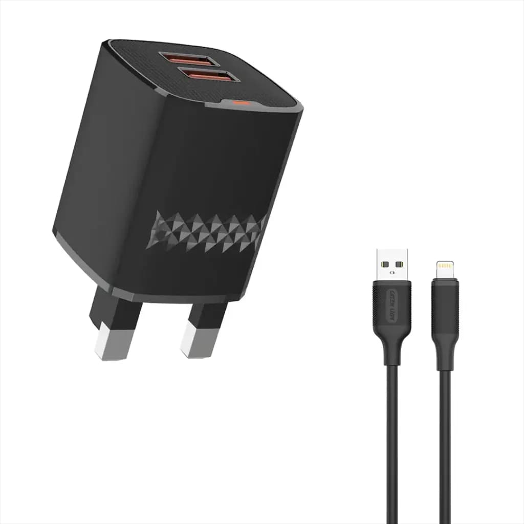 Green Lion Dual Port Wall Charger UK Plug 2 USB-A Port USB-A to Lightning 1m Cable