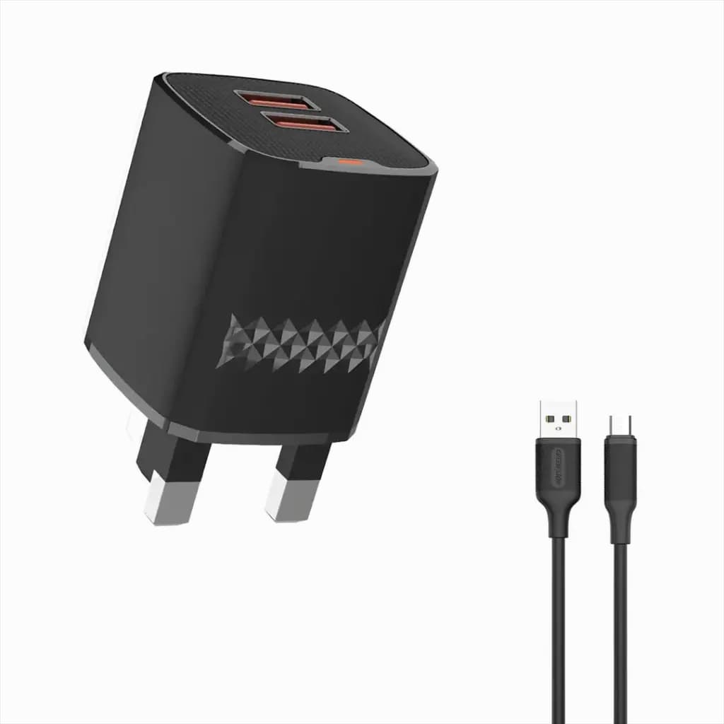 Green Lion Dual Port Wall Charger UK Plug 2 USB-A Port USB-A to Micro 1m Cable