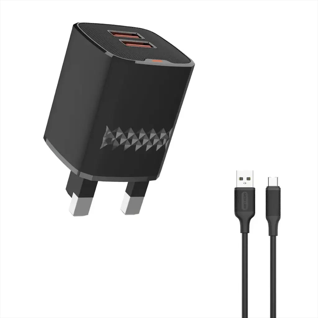 Green Lion Dual Port Wall Charger UK Plug 2 USB-A Port USB-A to USB-C 1m Cable