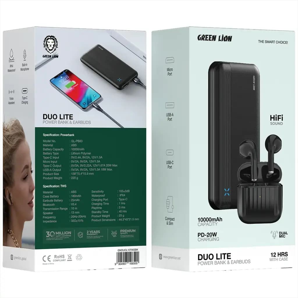 Green Lion DUO LITE Power Bank and Earbud Combo Pack