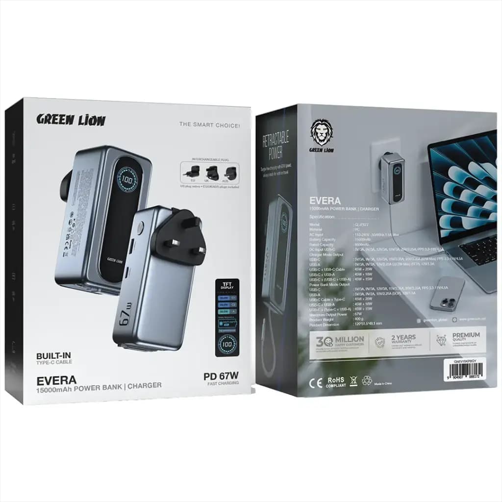 Green Lion EVERA 15000mAh Power Bank + Charger with TFT Display PD 67W