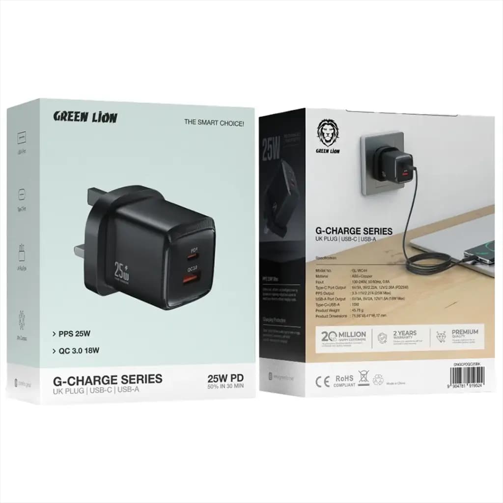 Green Lion G-Charge Series Dual Port Wall Charger PD+QC 25W