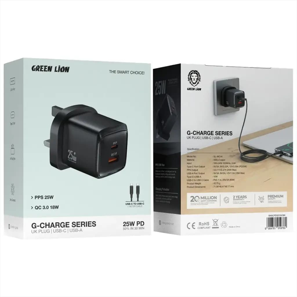 Green Lion G-Charge Series Dual Port Wall Charger PD+QC 25W C to C 1m Cable