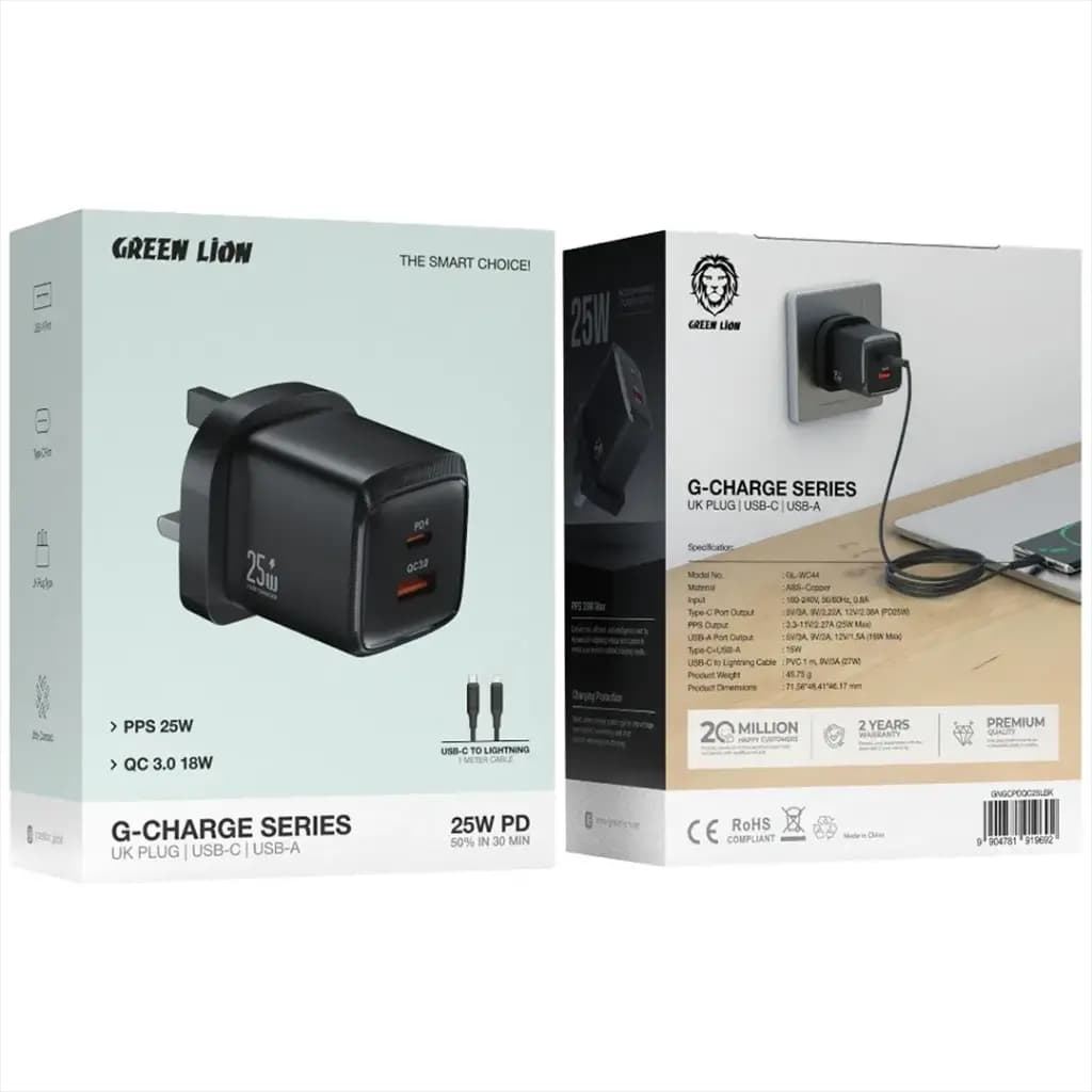 Green Lion G-Charge Series Dual Port Wall Charger PD+QC 25W L to C 1m Cable