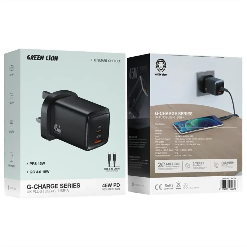 Green Lion G-Charge Series Dual Port Wall Charger PD+QC 45W C to C 1M Cable