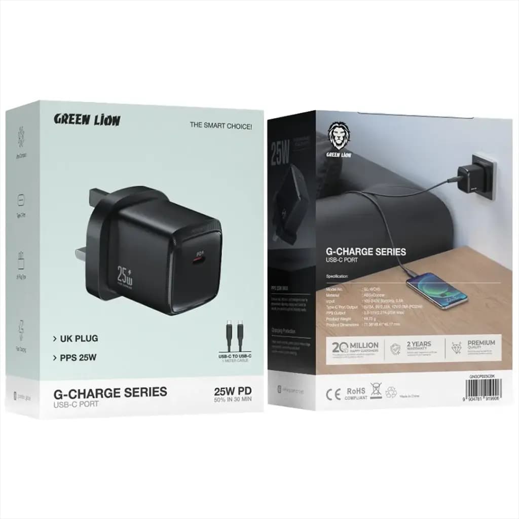 Green Lion G-Charge Series USB-C Port Wall Charger 25W PD C to C 1M Cable