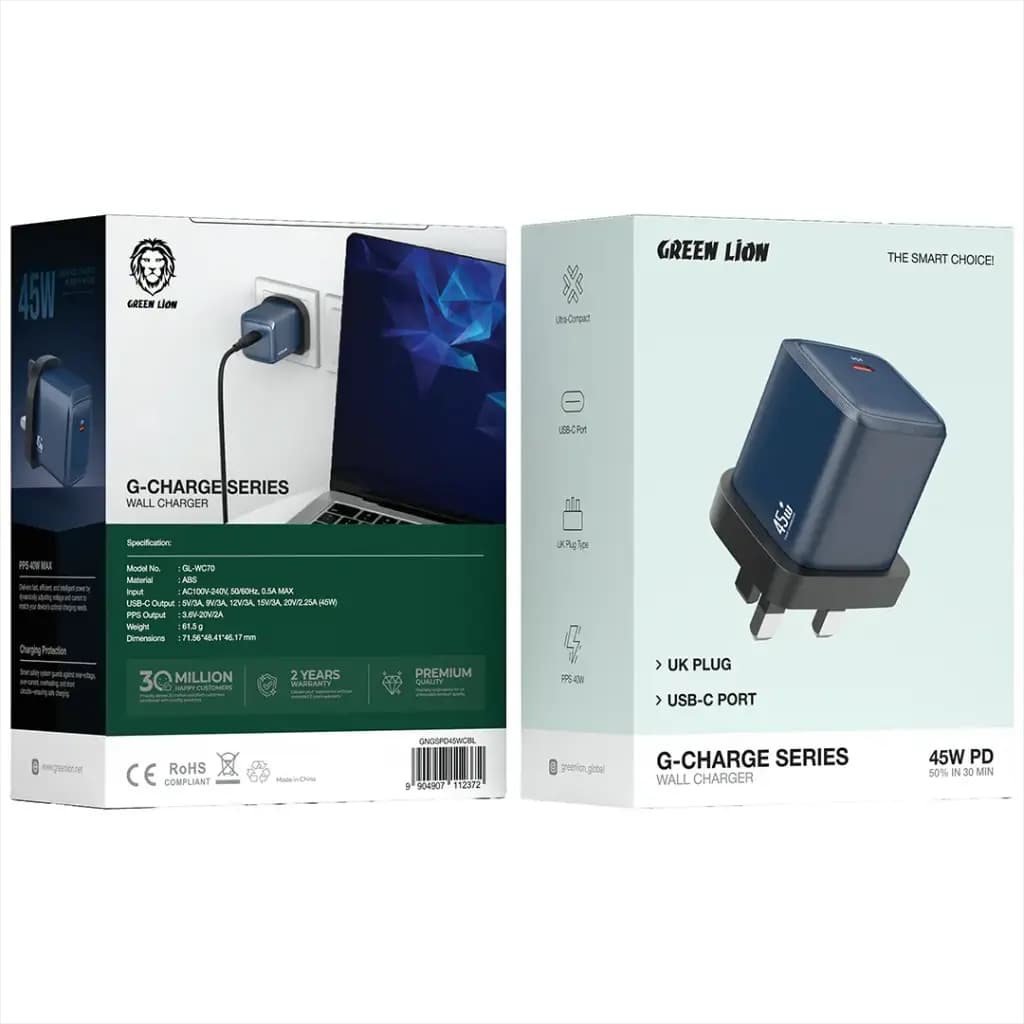 Green Lion G-Charge Series Wall Charger - UK Plug, USB-C, PD 45W