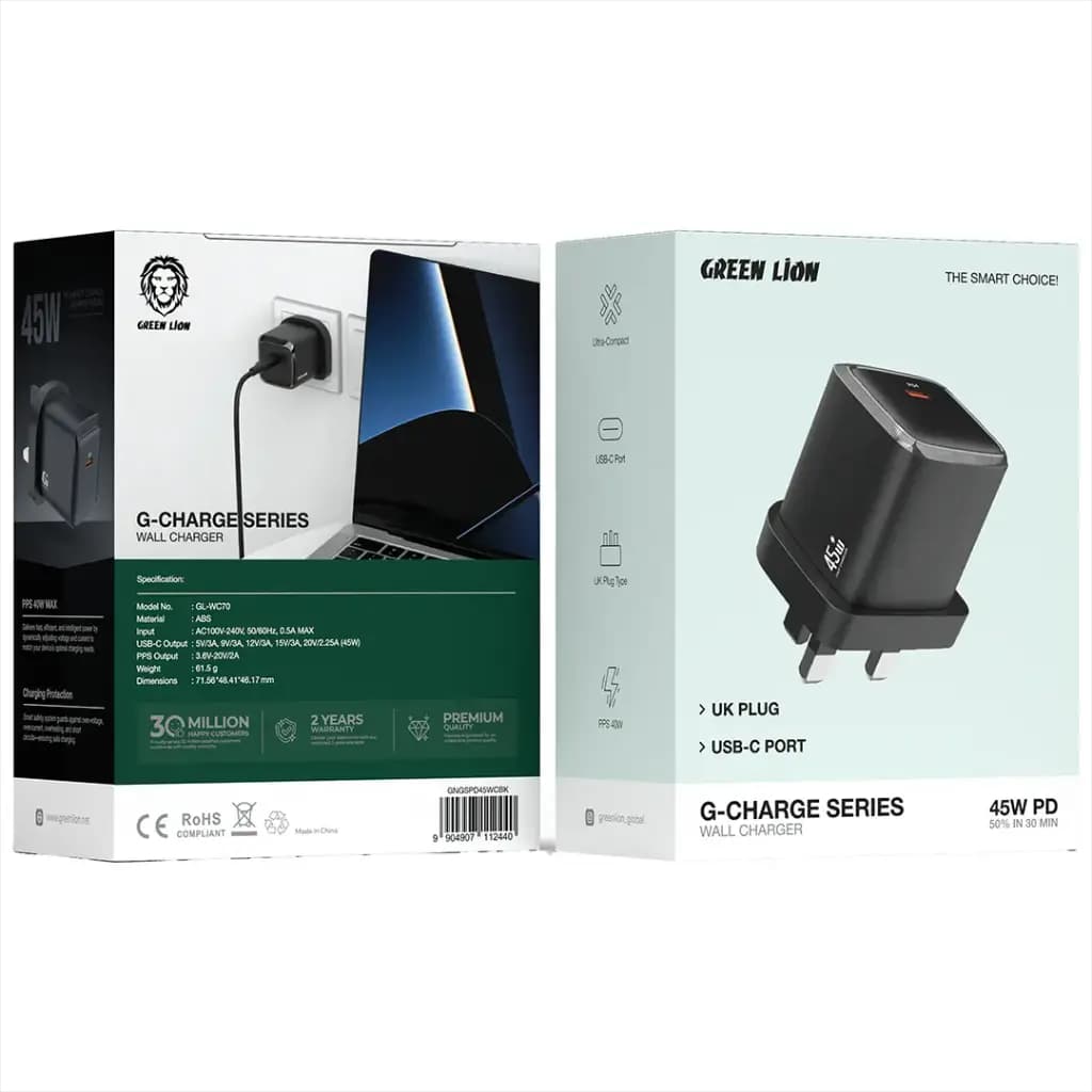 Green Lion G-Charge Series Wall Charger - UK Plug, USB-C, PD 45W