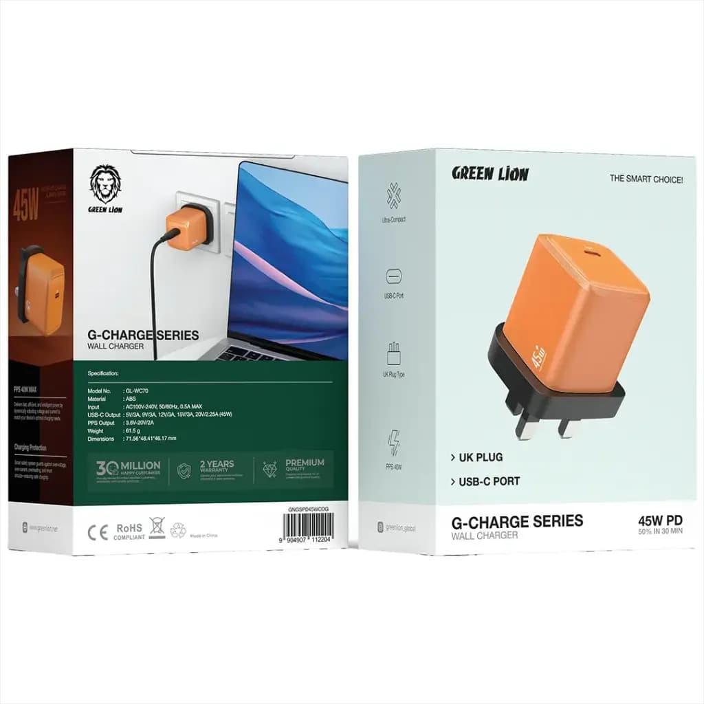 Green Lion G-Charge Series Wall Charger - UK Plug, USB-C, PD 45W