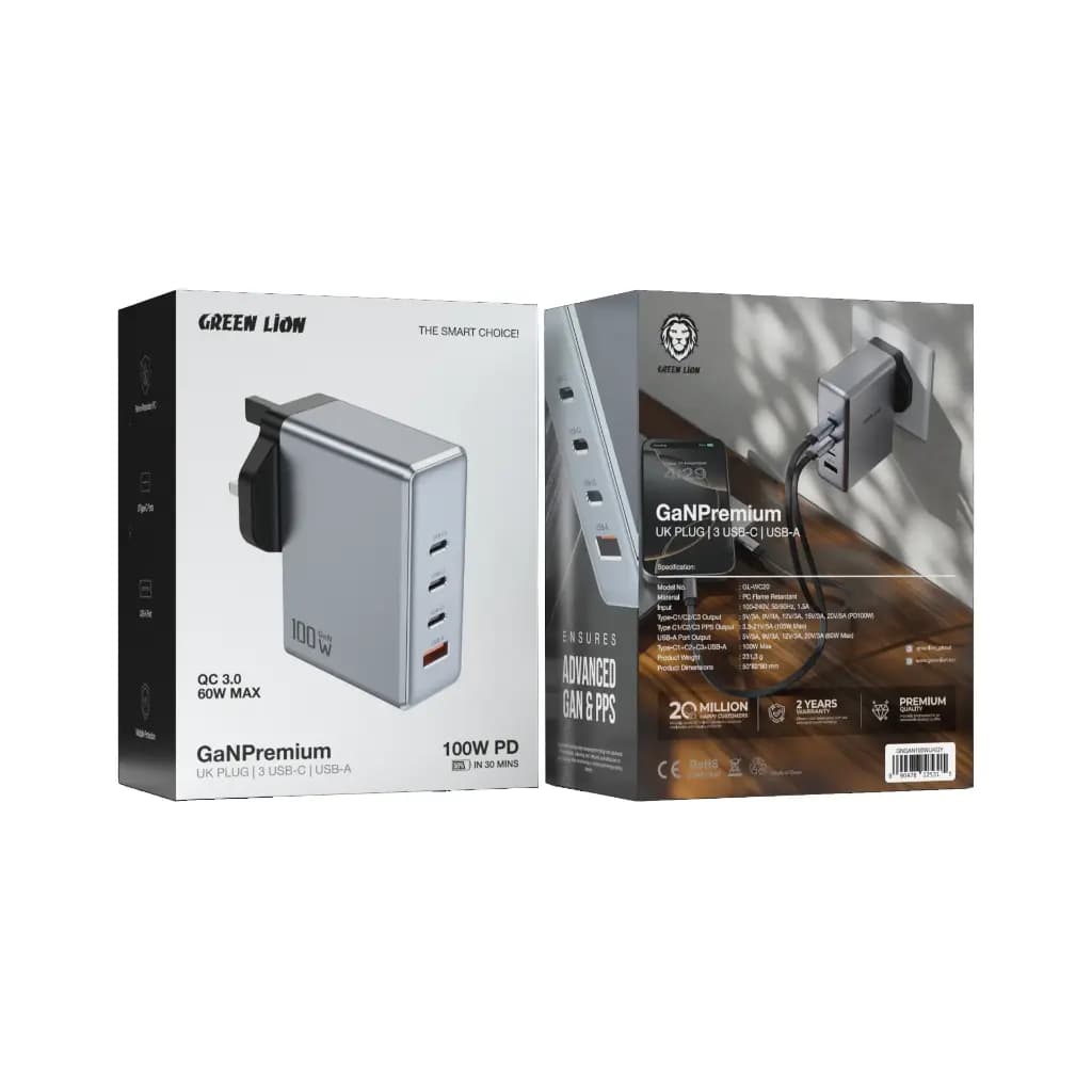 Green Lion GaNPremium UK Plug Wall Charger PD 100W