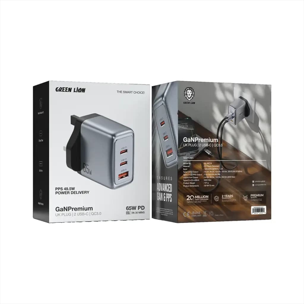 Green Lion GaNPremium UK Plug Wall Charger PD 65W