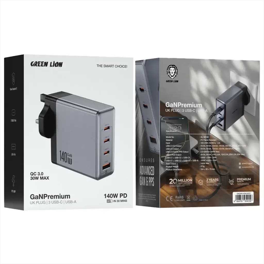 Green Lion GaNPremium UK Plug Wall Charger PD+QC 140W