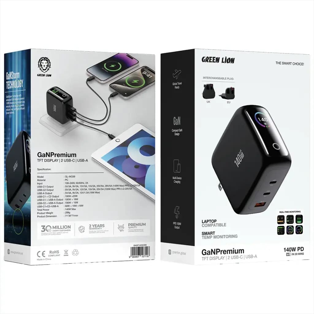 Green Lion GaNPremium Wall Charger PD 140W with UK and EU Plug