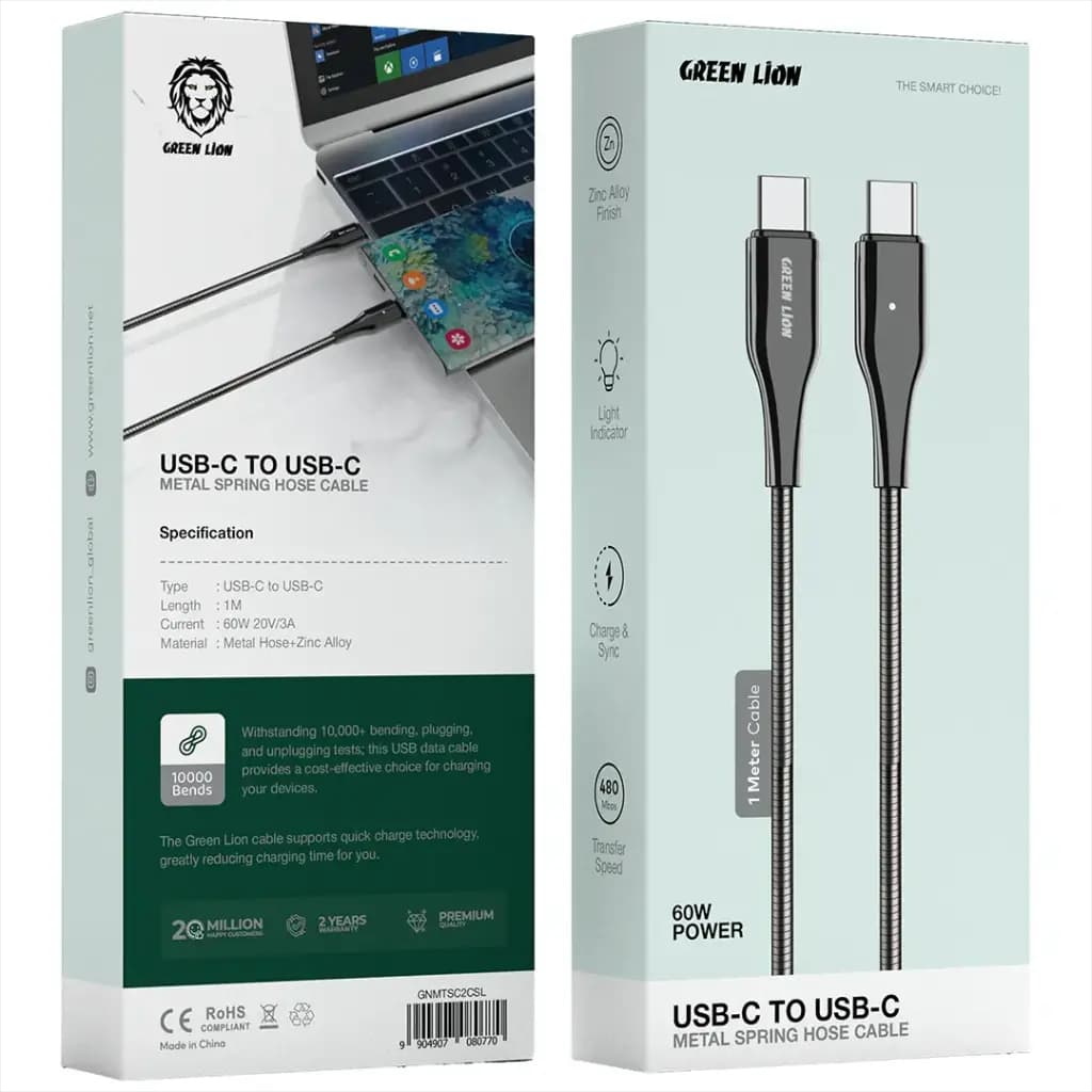 Green Lion Metal Spring Hose USB-C to USB-C Cable 60W 1M