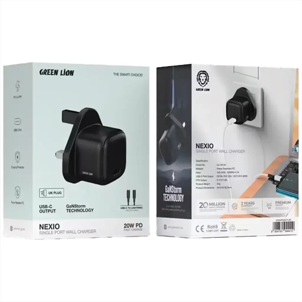 Green Lion NEXIO Single Port Wall Charger UK Plug 20W 1C C To L