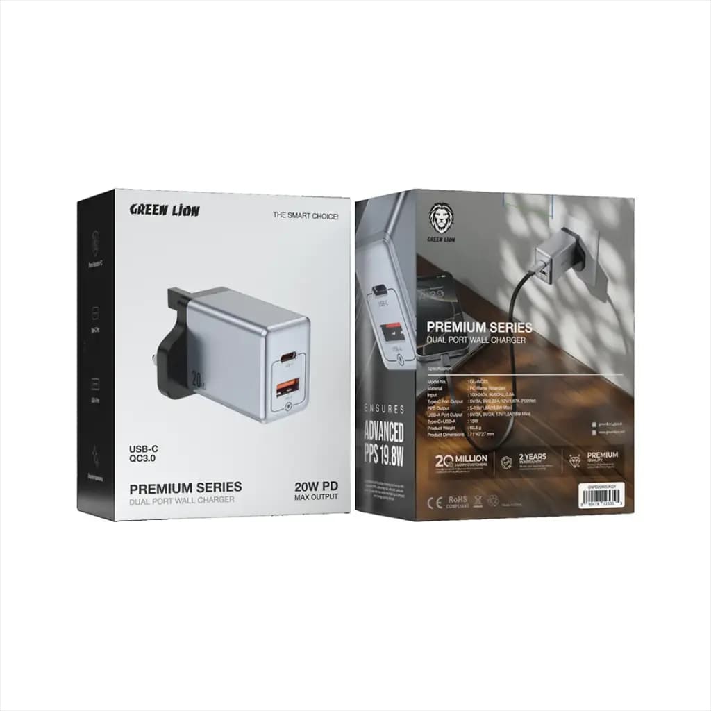 Green Lion Premium Series Dual Port Wall Charger PD 20W