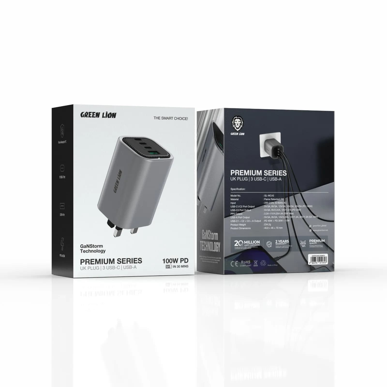 Green Lion Premium Series Fixed Plug Wall Charger UK Plug PD 100W