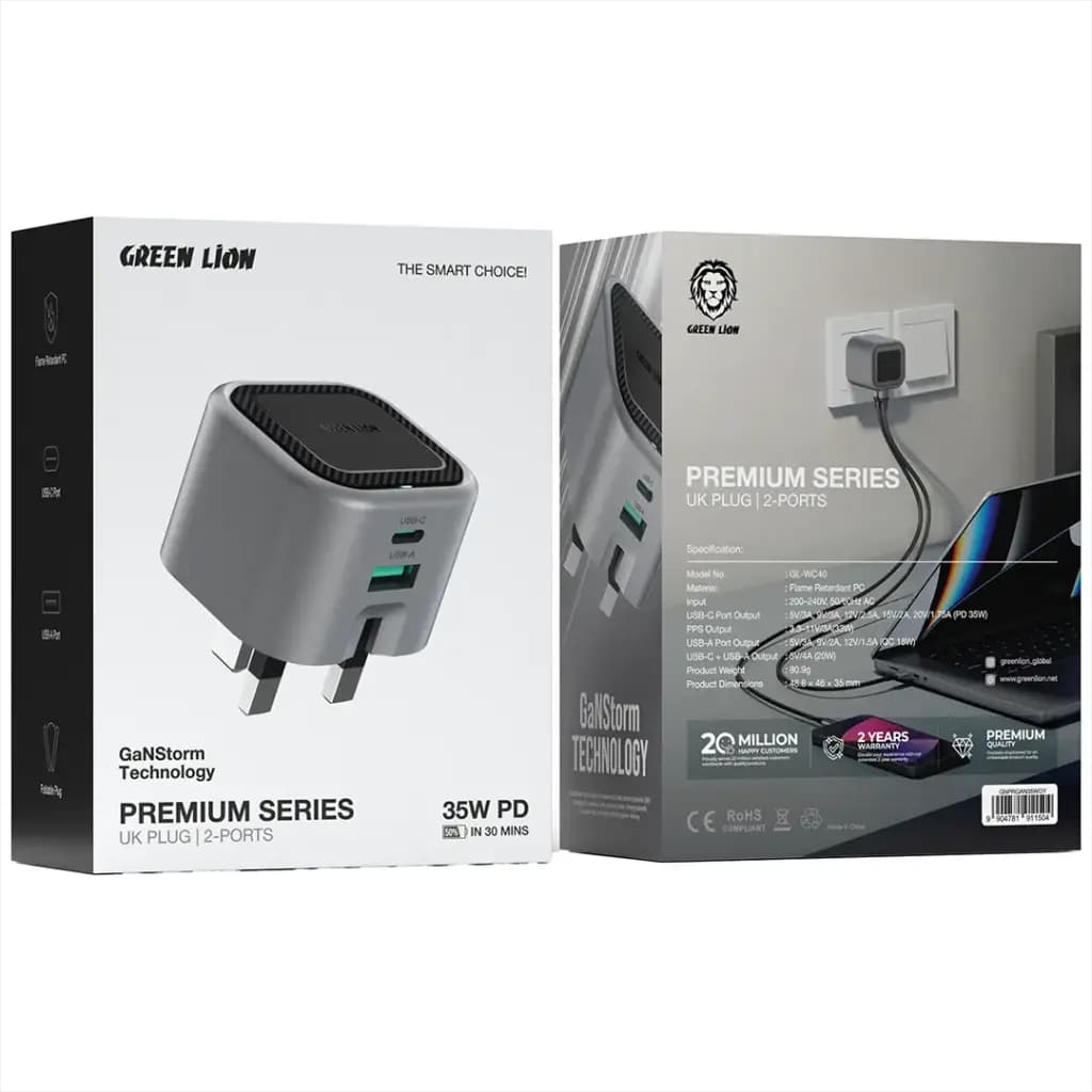 Green Lion Premium Series Foldable Wall Charger UK Plug PD 35W