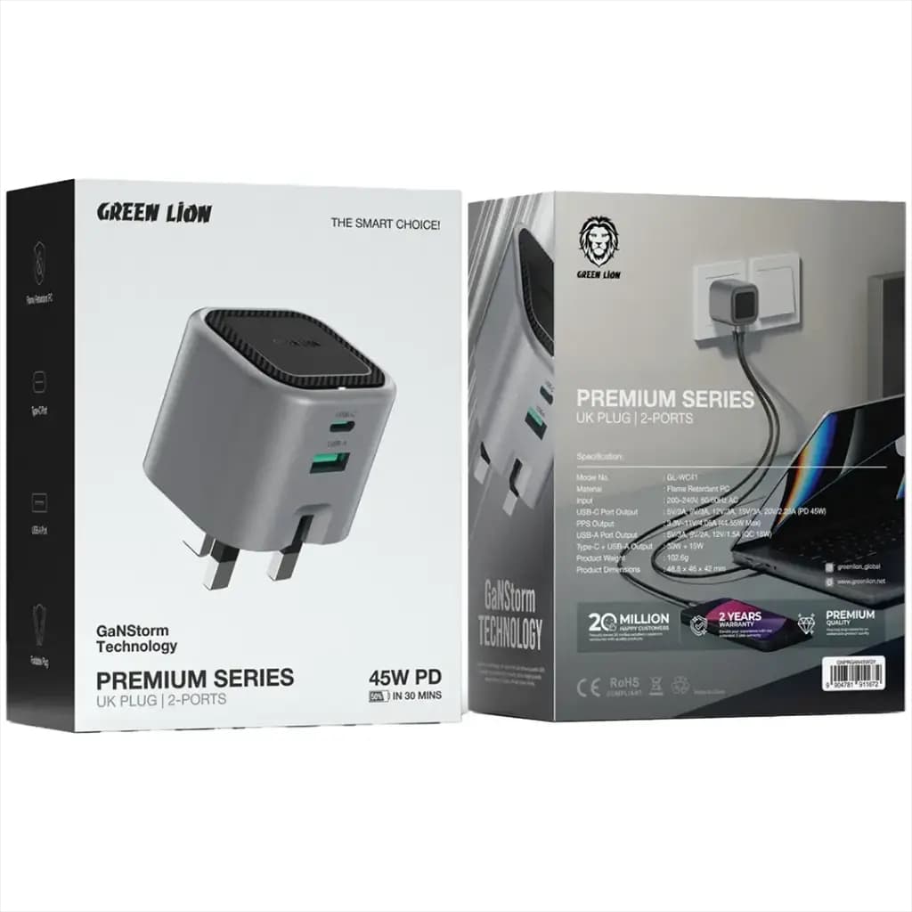 Green Lion Premium Series Foldable Wall Charger UK Plug PD 45W