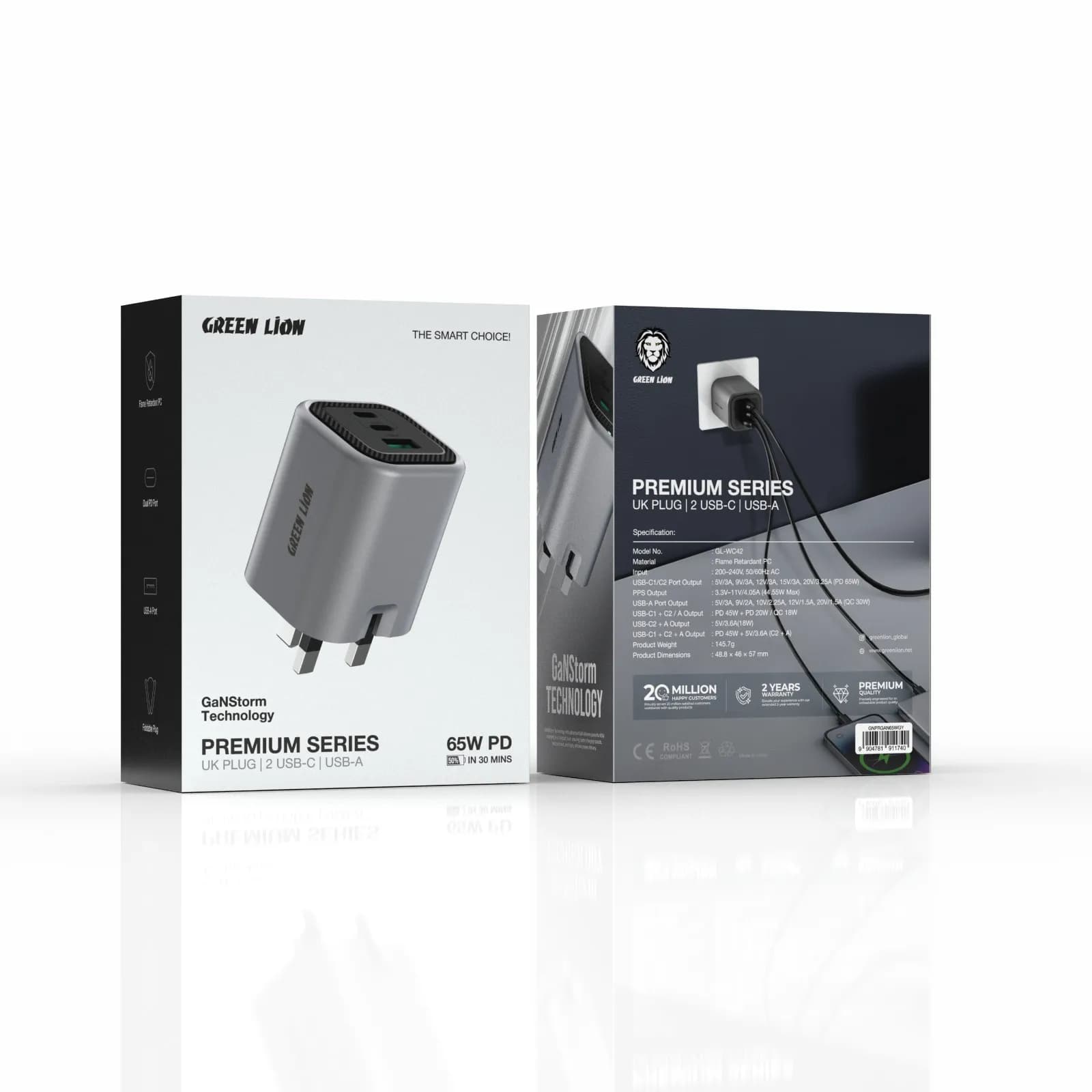 Green Lion Premium Series Foldable Wall Charger UK Plug PD 65W